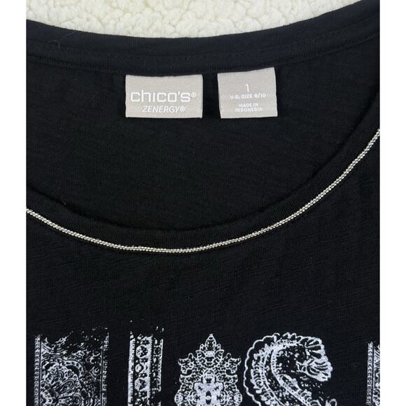 Chicos Zenergy Tee Women’s M Black Front Print Bling Round Neck Short Sleeve - Picture 3 of 9